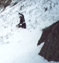 Nick taking huge air off a rock jump at Tuckerman's Ravine, NH